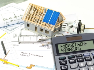 Construction or building plan with bricks and calculator showing the german word for energetic renovation - energetische sanierung